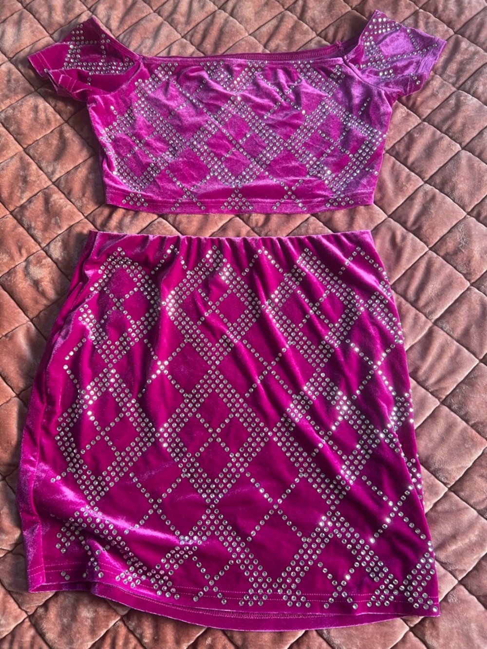 Women's Two-Piece Velvet Skirt Set in Fuchsia with Stud Detail